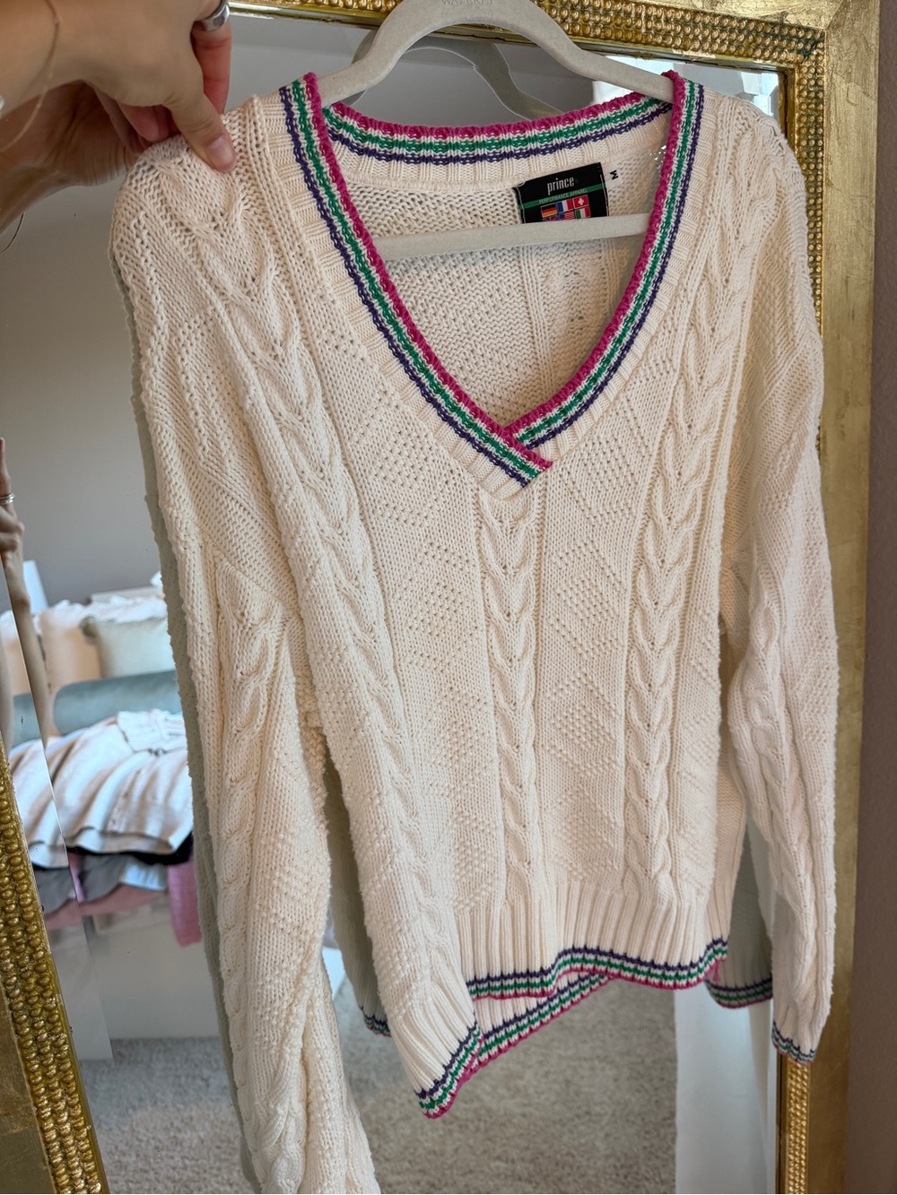 Prince Cream Cable-Knit V-Neck Sweater with Color-Trim size M